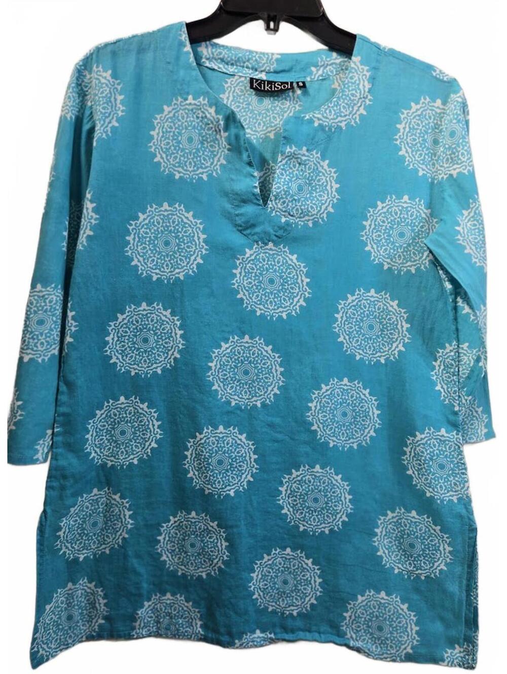 KikiSol Turqoise White Printed Tunic Top Size S
